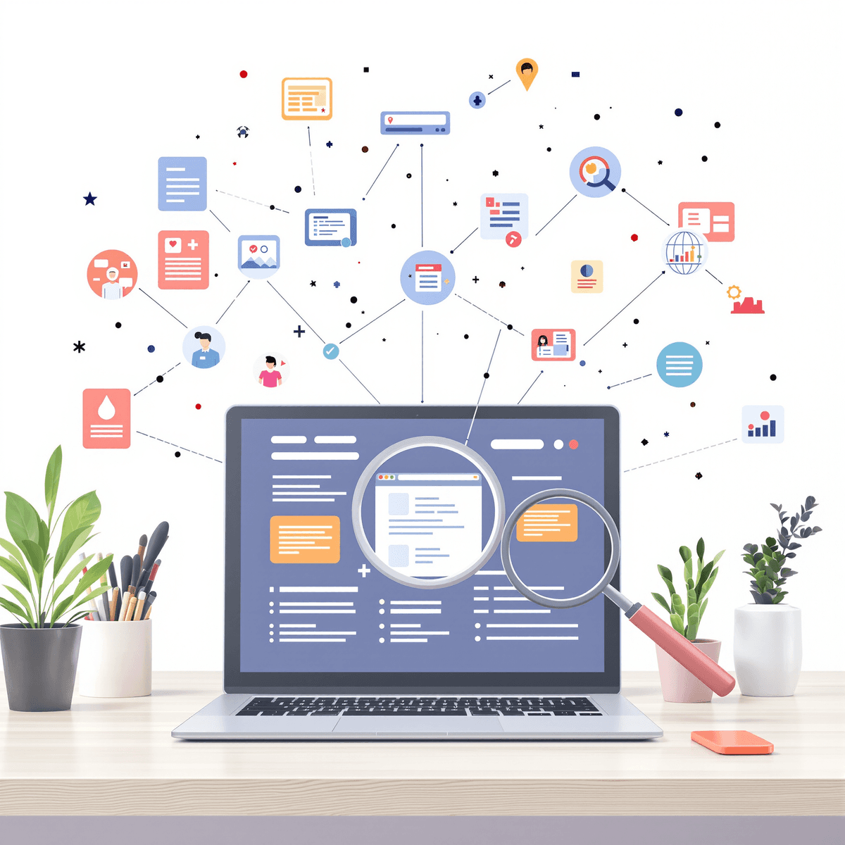 A modern digital marketing workspace with floating icons of content, search, and data nodes on a bright, clean background. Content Gap Analysis