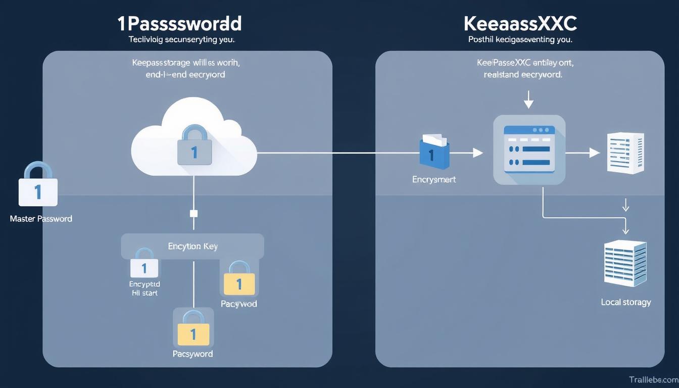 Security architecture diagram comparing 1Password vs KeePassXC encryption models
