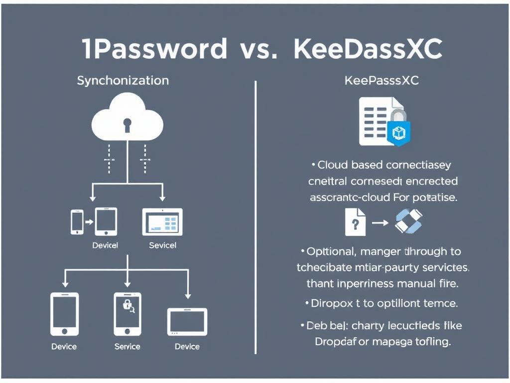 Diagram showing cloud vs local storage models for 1Password vs KeePassXC