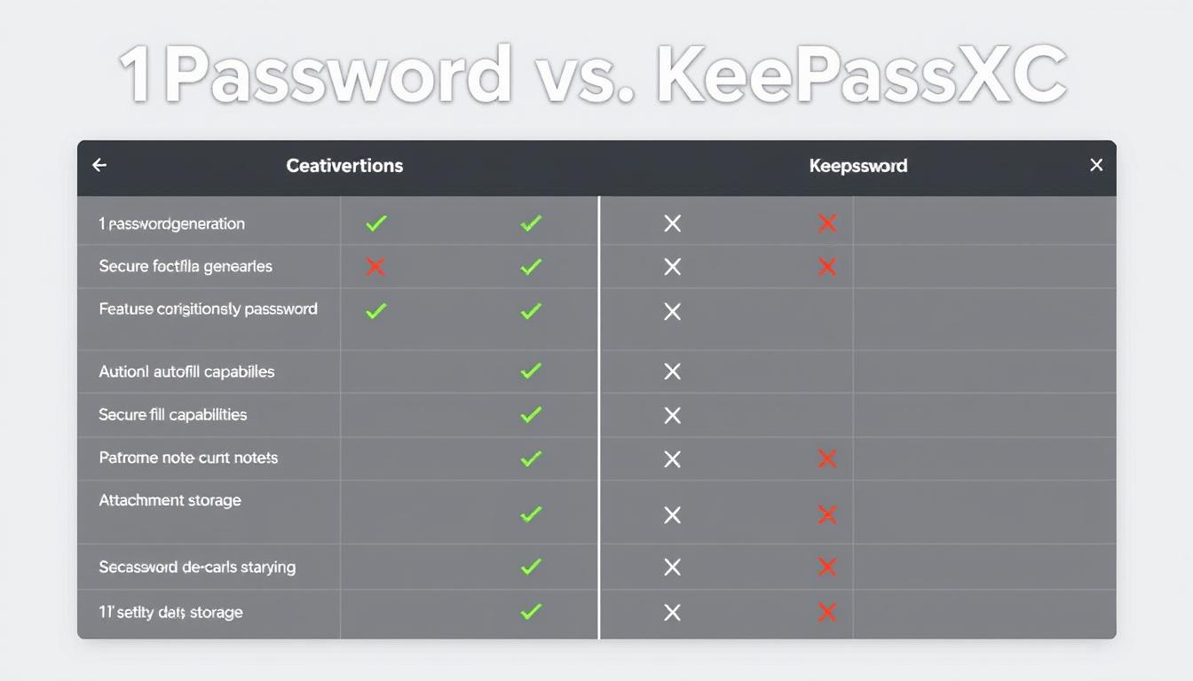 Feature comparison dashboard showing 1Password vs KeePassXC capabilities
