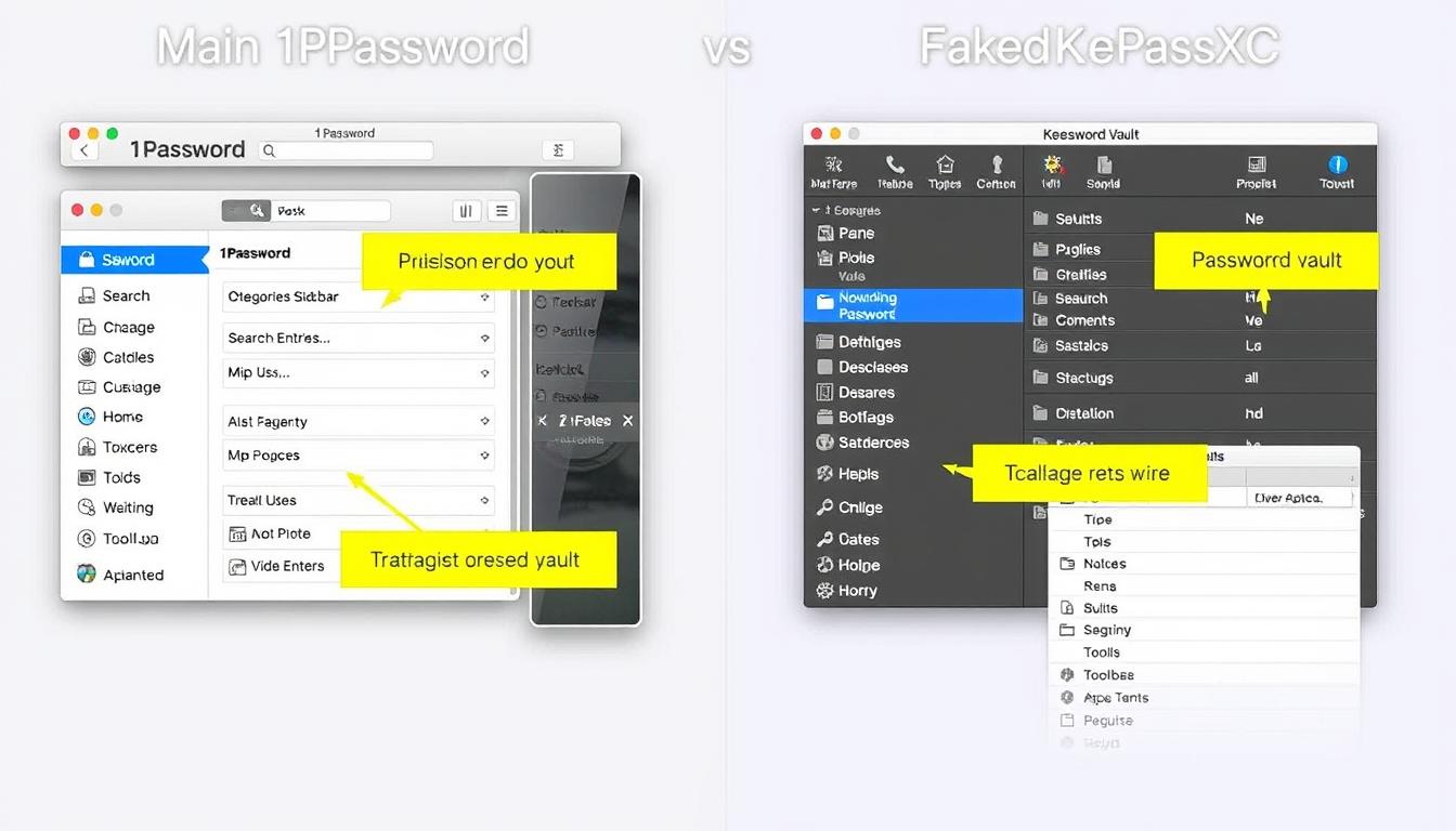 Side-by-side comparison of 1Password vs KeePassXC user interfaces