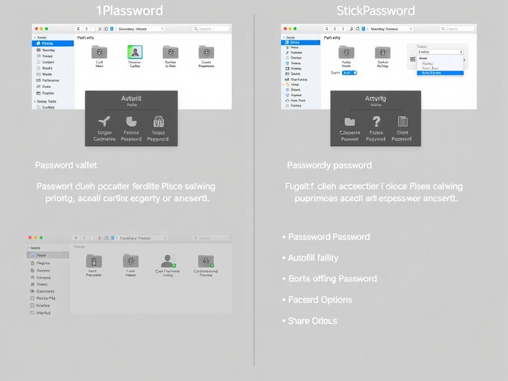 1Password vs Sticky Password core features comparison showing password vaults