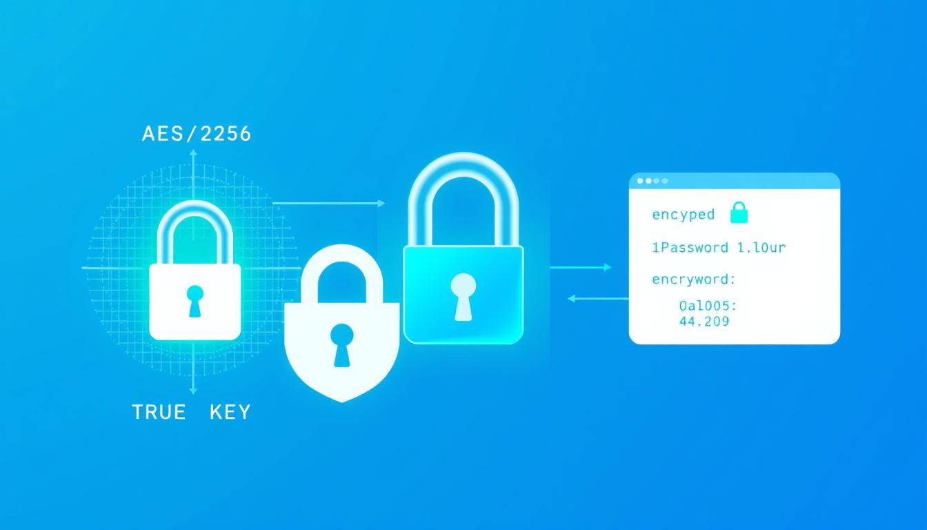 1Password vs True Key encryption and security visualization showing the AES-256 encryption process