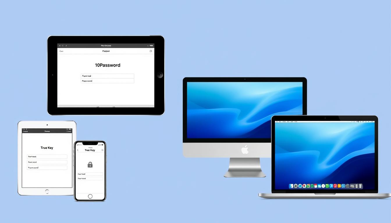 1Password vs True Key shown across multiple devices including smartphones, tablets, and laptops