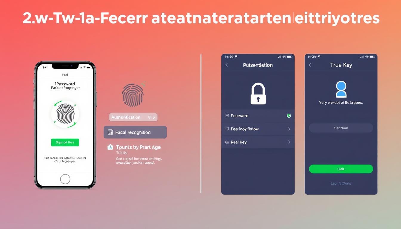 Two-factor authentication methods for 1Password vs True Key showing authentication apps and biometric options